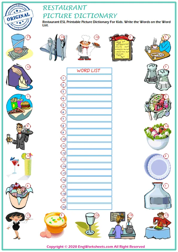 Restaurant ESL Printable Picture Dictionary For Kids. Write the Words on the Word List. Worksheet Preview