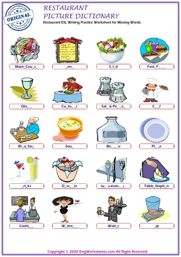 Restaurant ESL Writing Practice Worksheet for Missing Words. Worksheet Preview