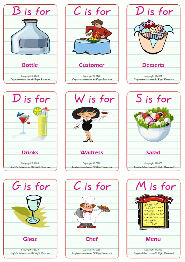 Restaurant vocabulary worksheet with words, nine images per page Worksheet Preview