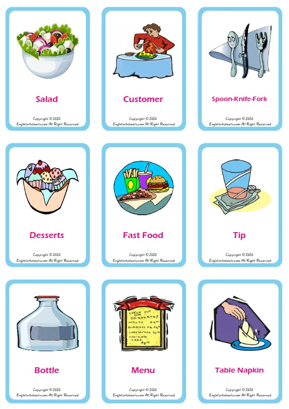 Restaurant vocabulary worksheet with words, nine images per page Worksheet Preview
