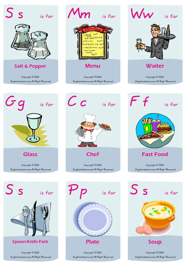 Restaurant vocabulary worksheet with words, nine images per page Worksheet Preview