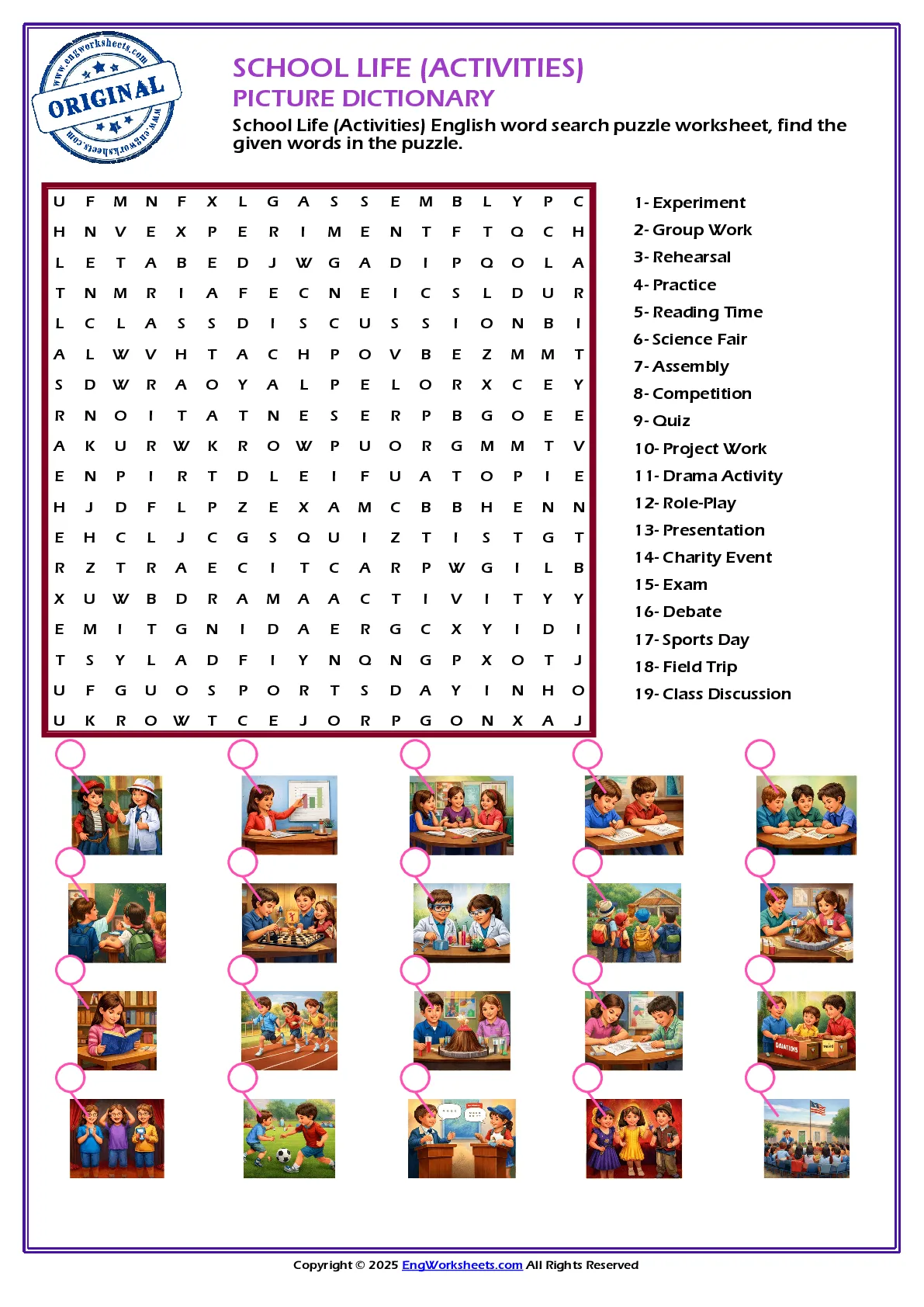 School Life (Activities) English word search puzzle worksheet, find the given words in the puzzle. Worksheet Preview