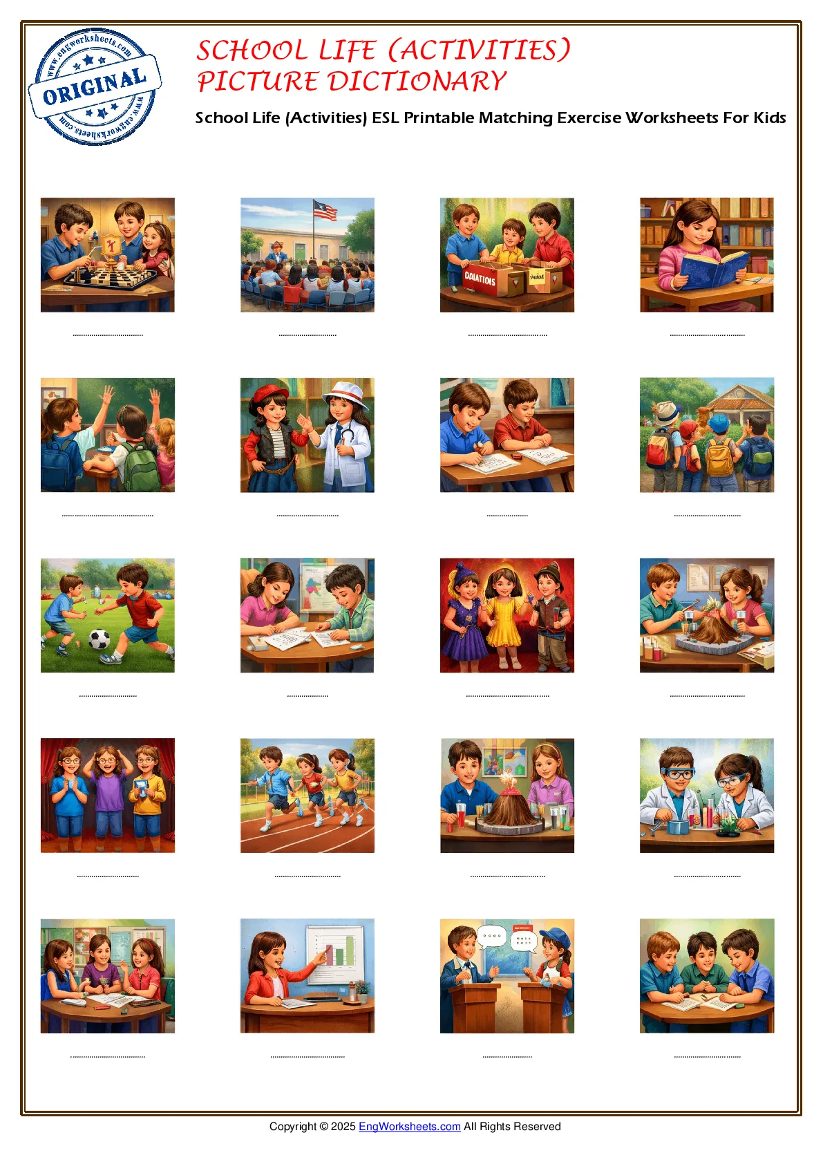 School Life (Activities) ESL Printable Matching Exercise Worksheets For Kids Worksheet Preview