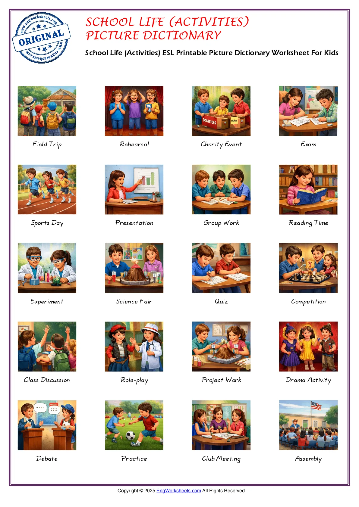 School Life (Activities) ESL Printable Picture Dictionary Worksheet For Kids Worksheet Preview