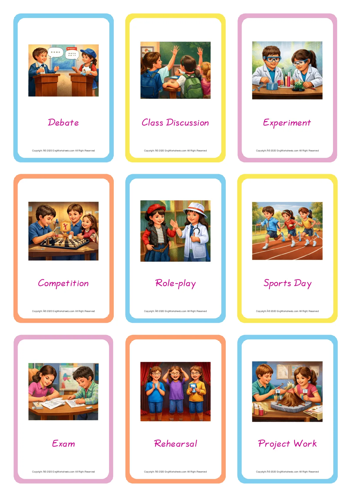 School Life (Activities) vocabulary worksheet with words, nine images per page Worksheet Preview