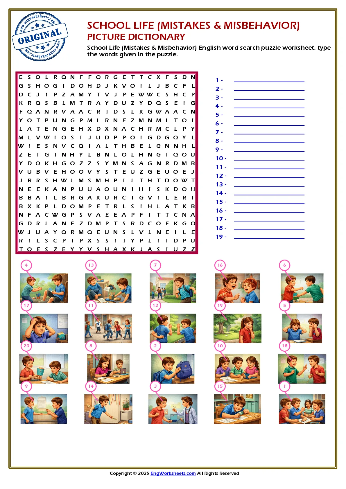 School Life (Mistakes & Misbehavior) English word search puzzle worksheet, type the words given in the puzzle. Worksheet Preview