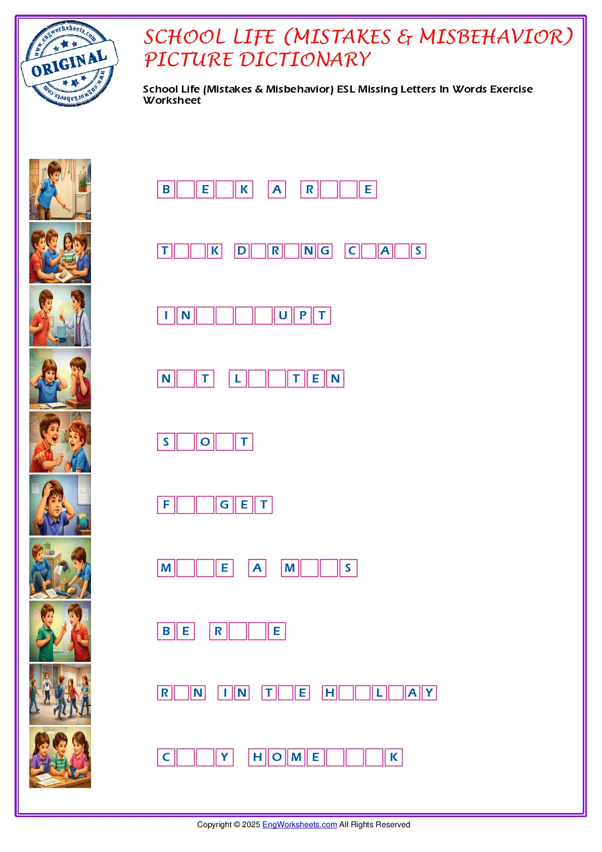 School Life (Mistakes & Misbehavior) ESL Missing Letters In Words Exercise Worksheet Worksheet Preview