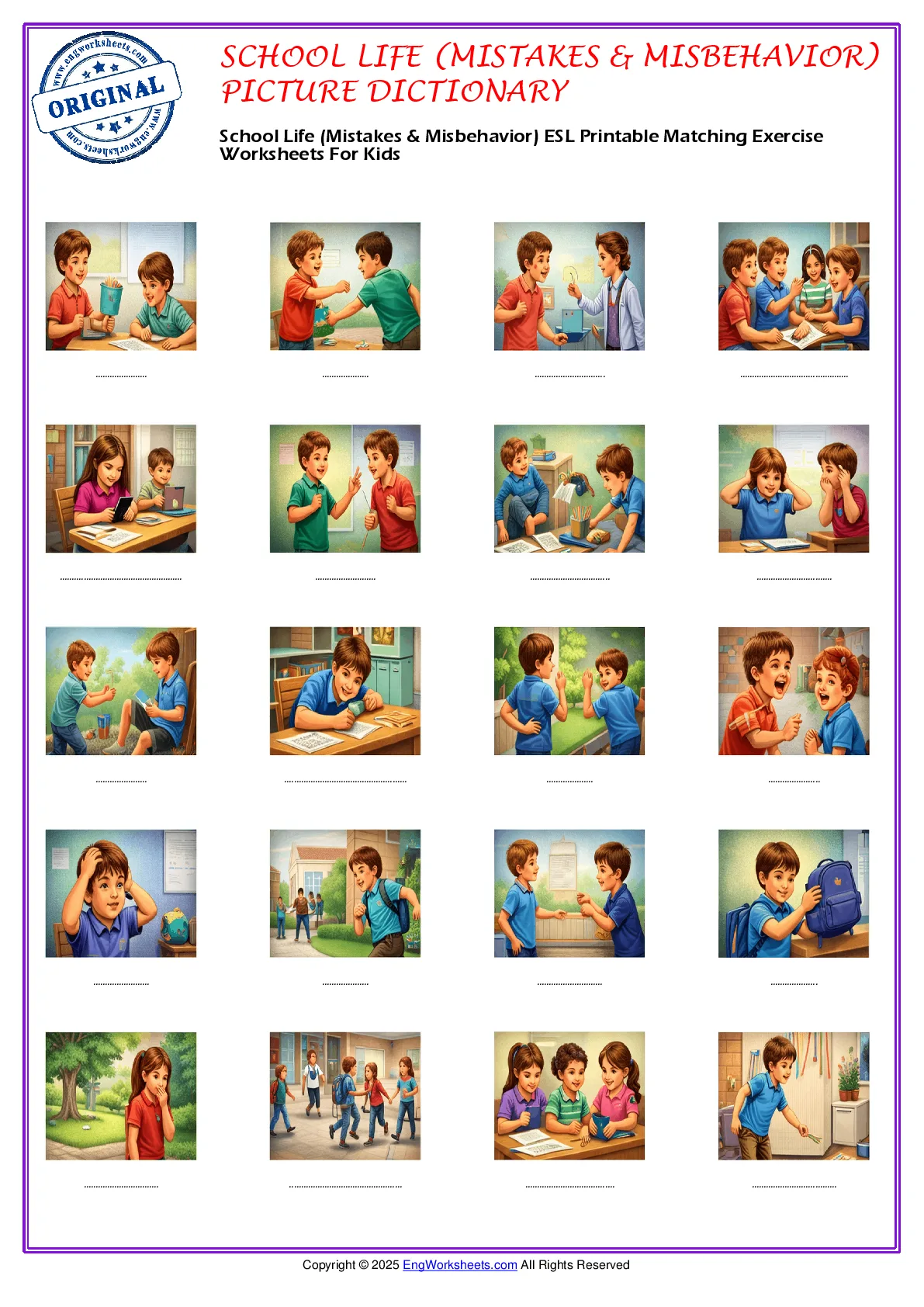 School Life (Mistakes & Misbehavior) ESL Printable Matching Exercise Worksheets For Kids Worksheet Preview