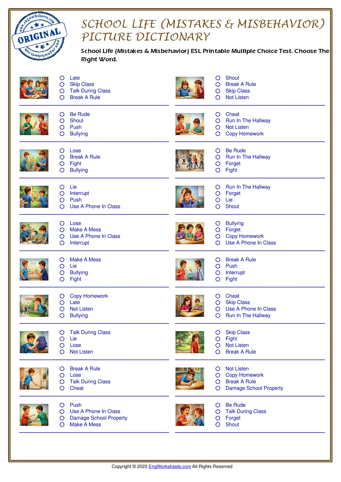 School Life (Mistakes & Misbehavior) ESL Printable Multiple Choice Test. Choose The Right Word. Worksheet Preview