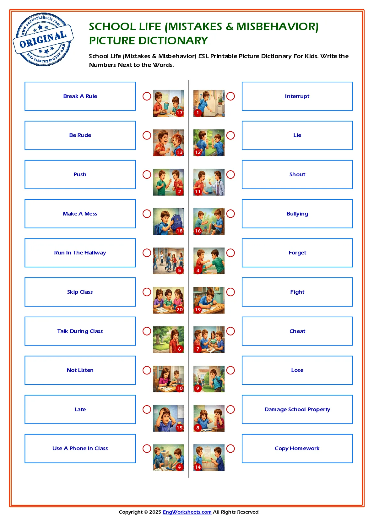 School Life (Mistakes & Misbehavior) ESL Printable Picture Dictionary For Kids. Write the Numbers Next to the Words. Worksheet Preview