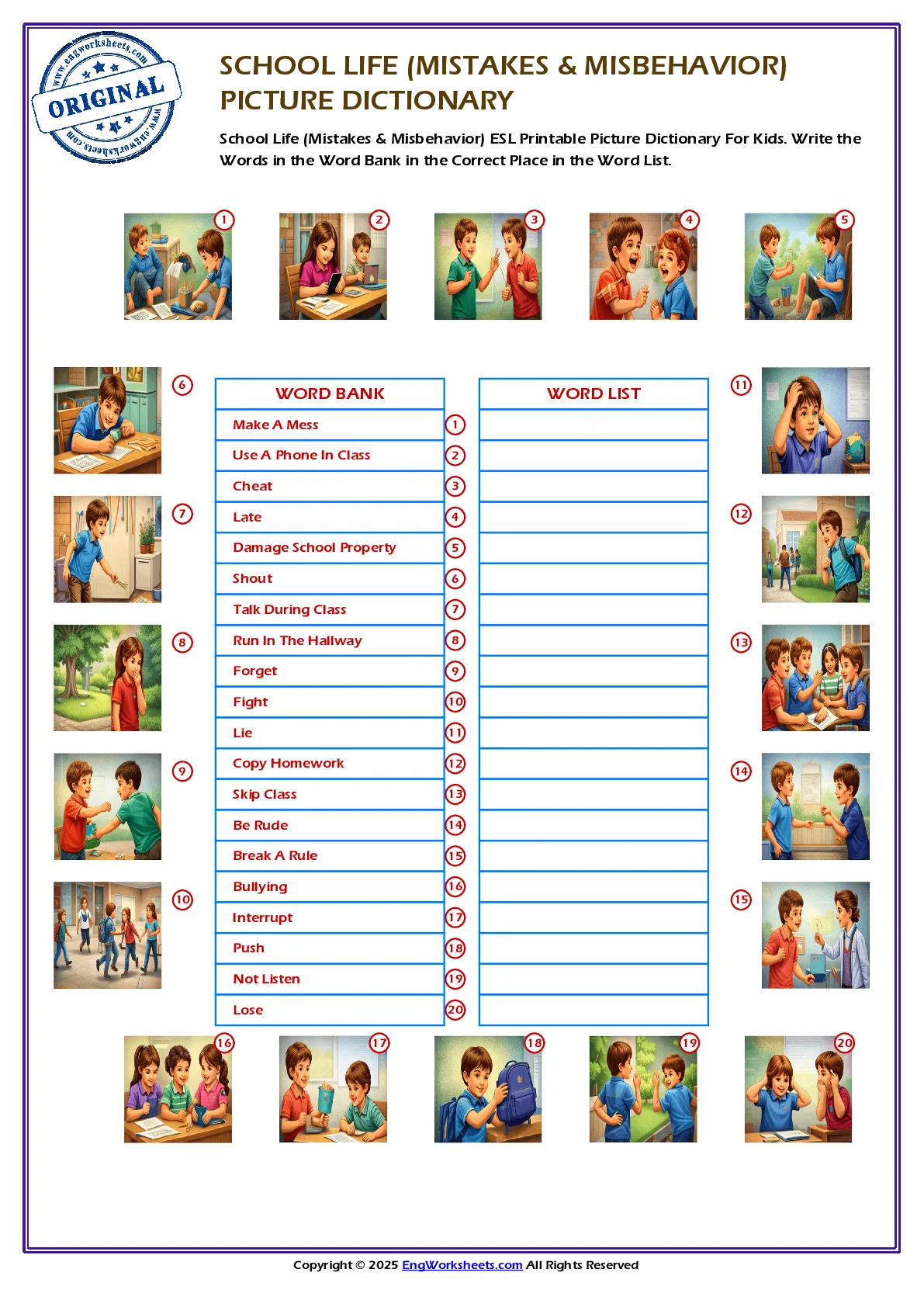School Life (Mistakes & Misbehavior) ESL Printable Picture Dictionary For Kids. Write the Words in the Word Bank in the Correct Place in the Word List. Worksheet Preview