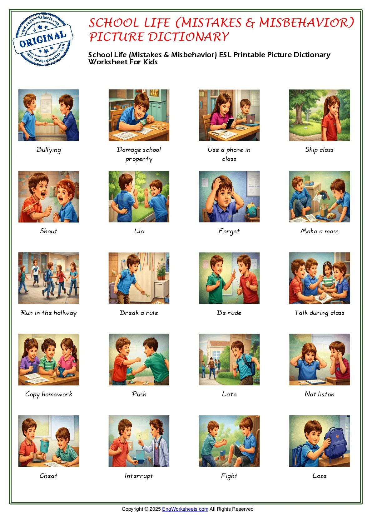 School Life (Mistakes & Misbehavior) ESL Printable Picture Dictionary Worksheet For Kids Worksheet Preview