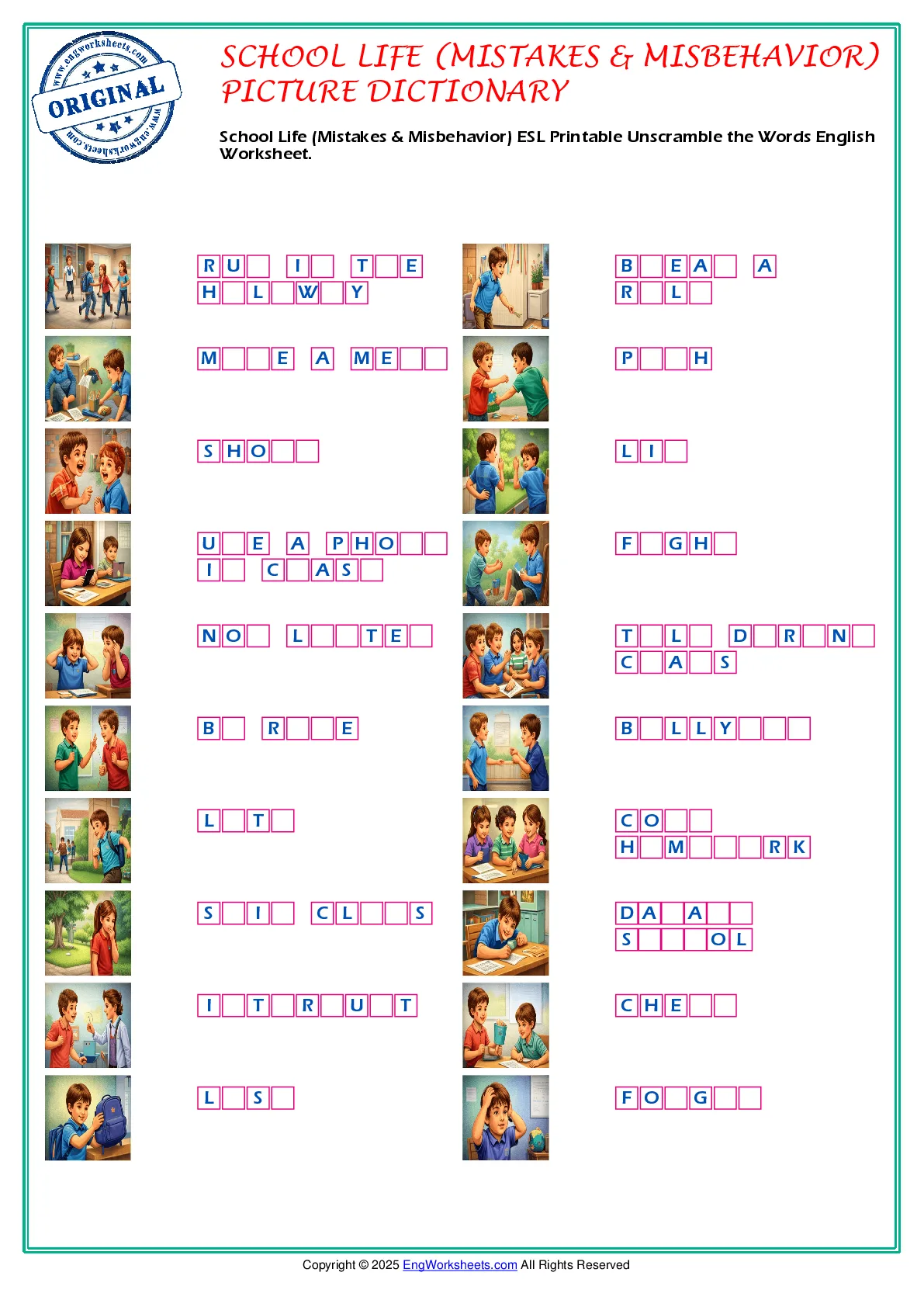 School Life (Mistakes & Misbehavior) ESL Printable Unscramble the Words English Worksheet. Worksheet Preview