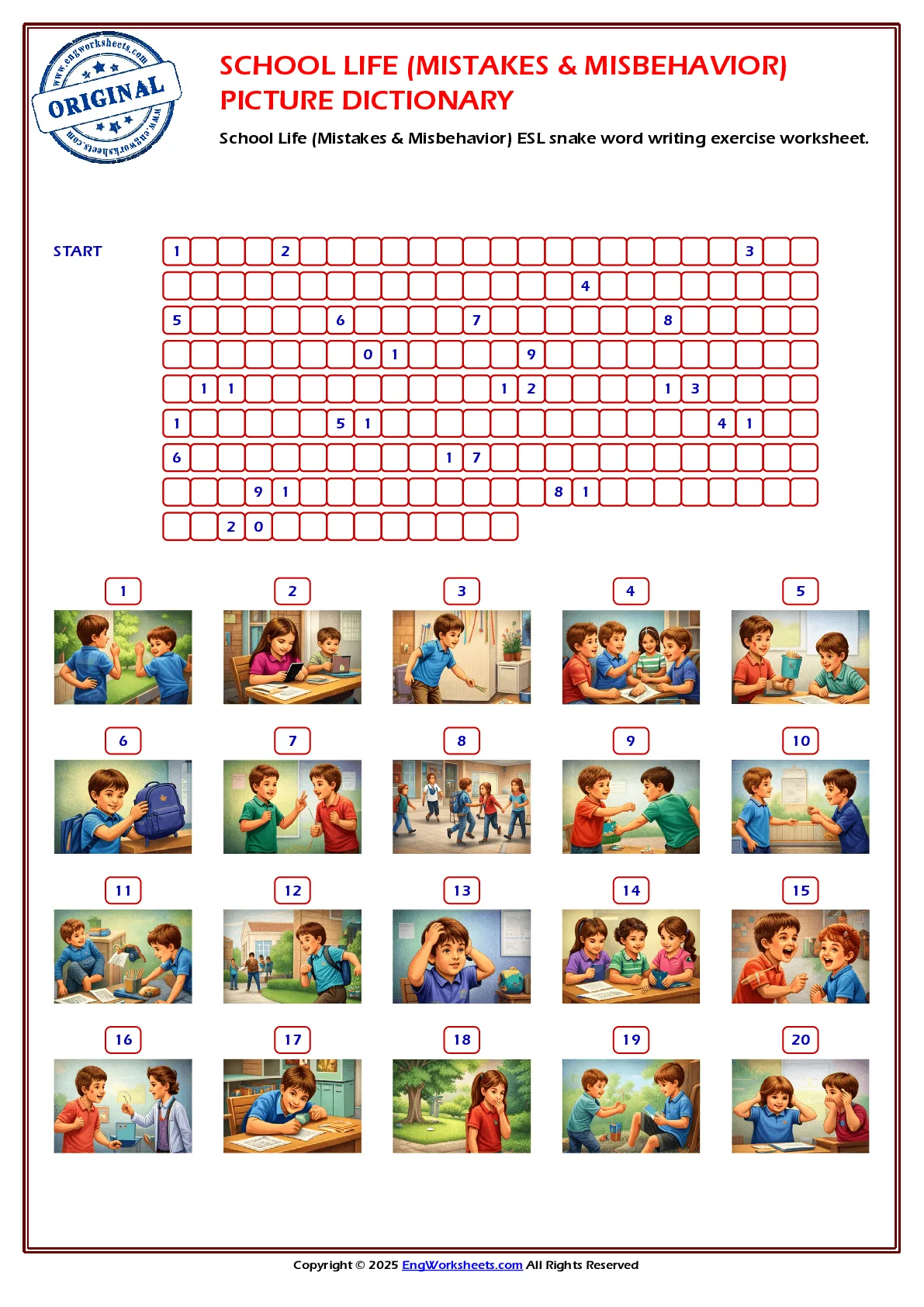 School Life (Mistakes & Misbehavior) ESL snake word writing exercise worksheet. Worksheet Preview