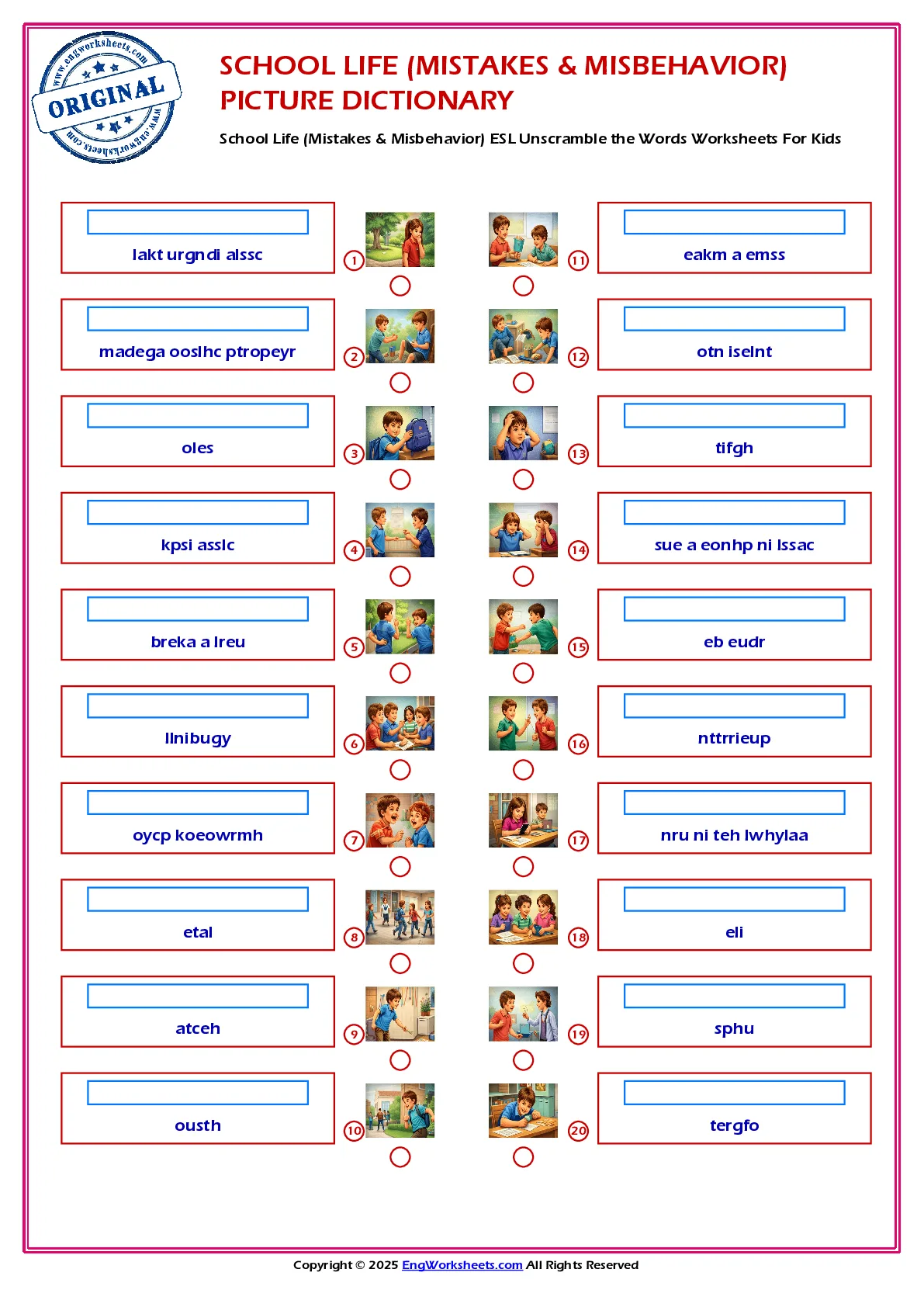 School Life (Mistakes & Misbehavior) ESL Unscramble the Words Worksheets For Kids Worksheet Preview