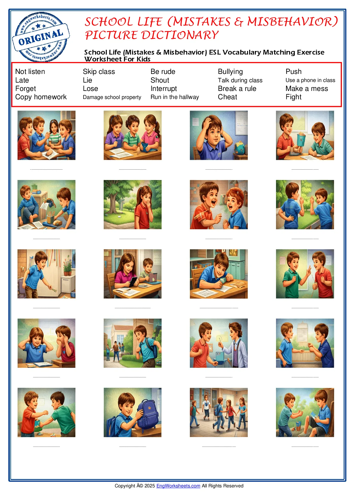 School Life (Mistakes & Misbehavior) ESL Vocabulary Matching Exercise Worksheet For Kids Worksheet Preview
