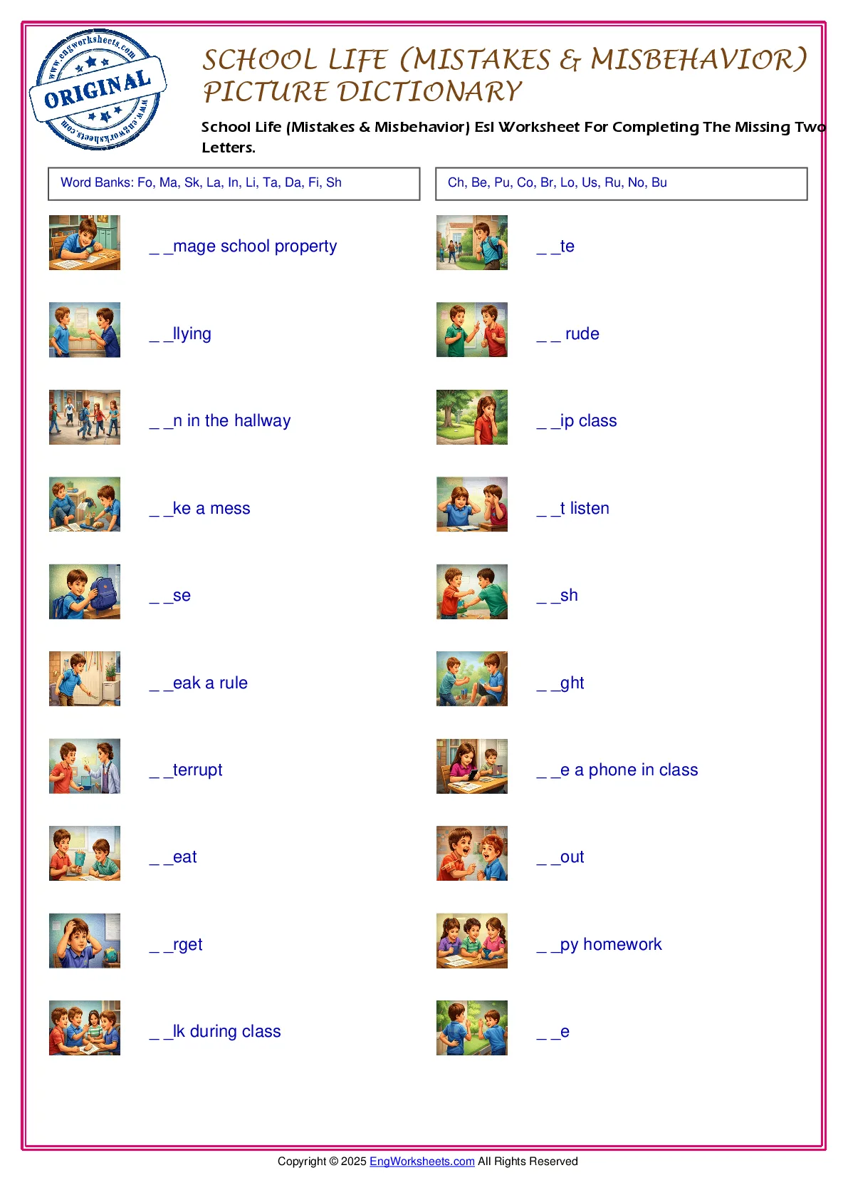 School Life (Mistakes & Misbehavior) Esl Worksheet For Completing The Missing Two Letters. Worksheet Preview