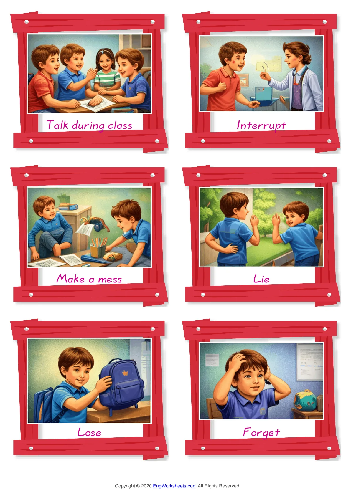 School Life (Mistakes & Misbehavior) vocabulary worksheet with words, six images per page Worksheet Preview