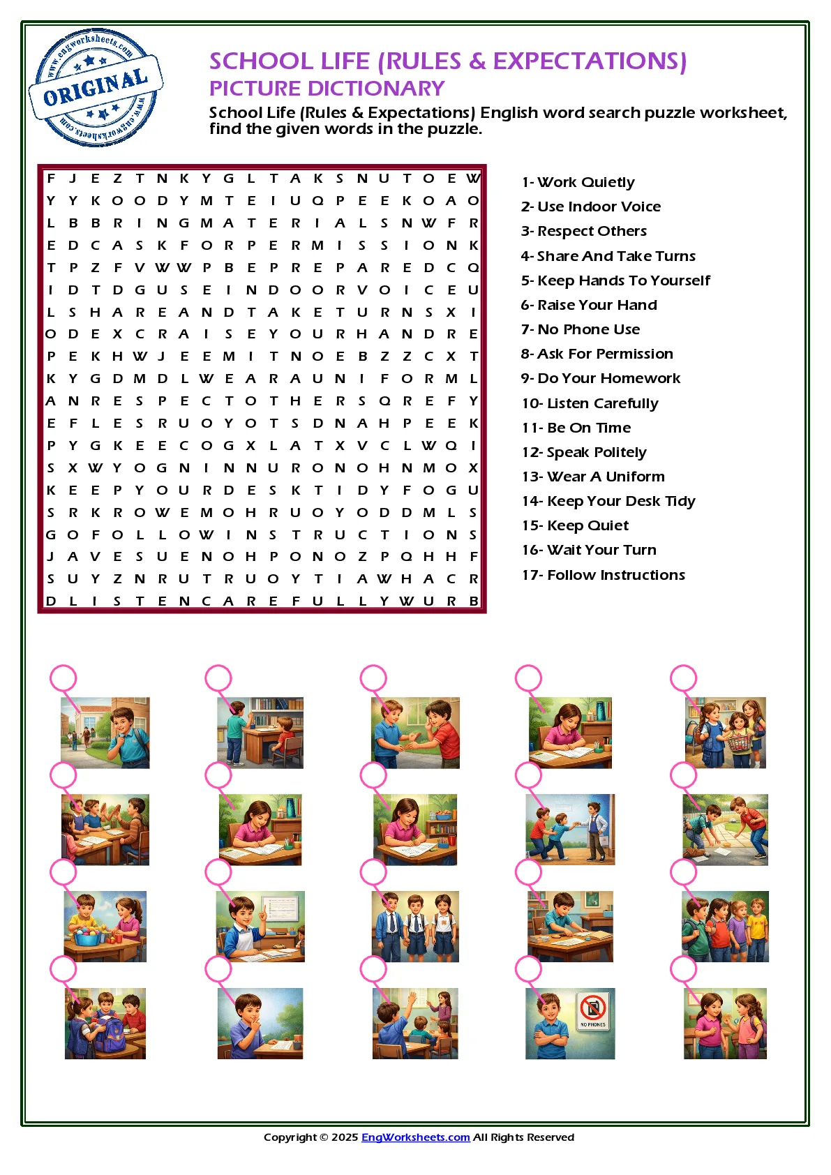School Life (Rules & Expectations) English word search puzzle worksheet, find the given words in the puzzle. Worksheet Preview