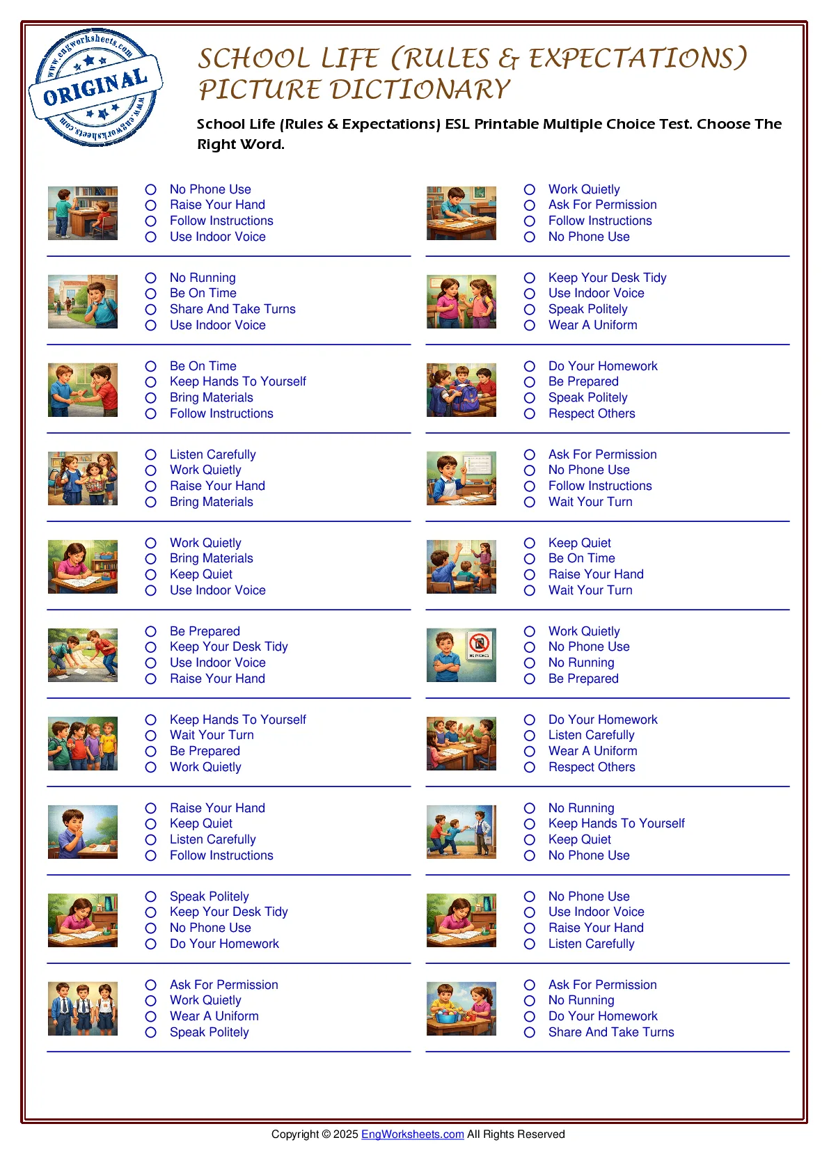 School Life (Rules & Expectations) ESL Printable Multiple Choice Test. Choose The Right Word. Worksheet Preview