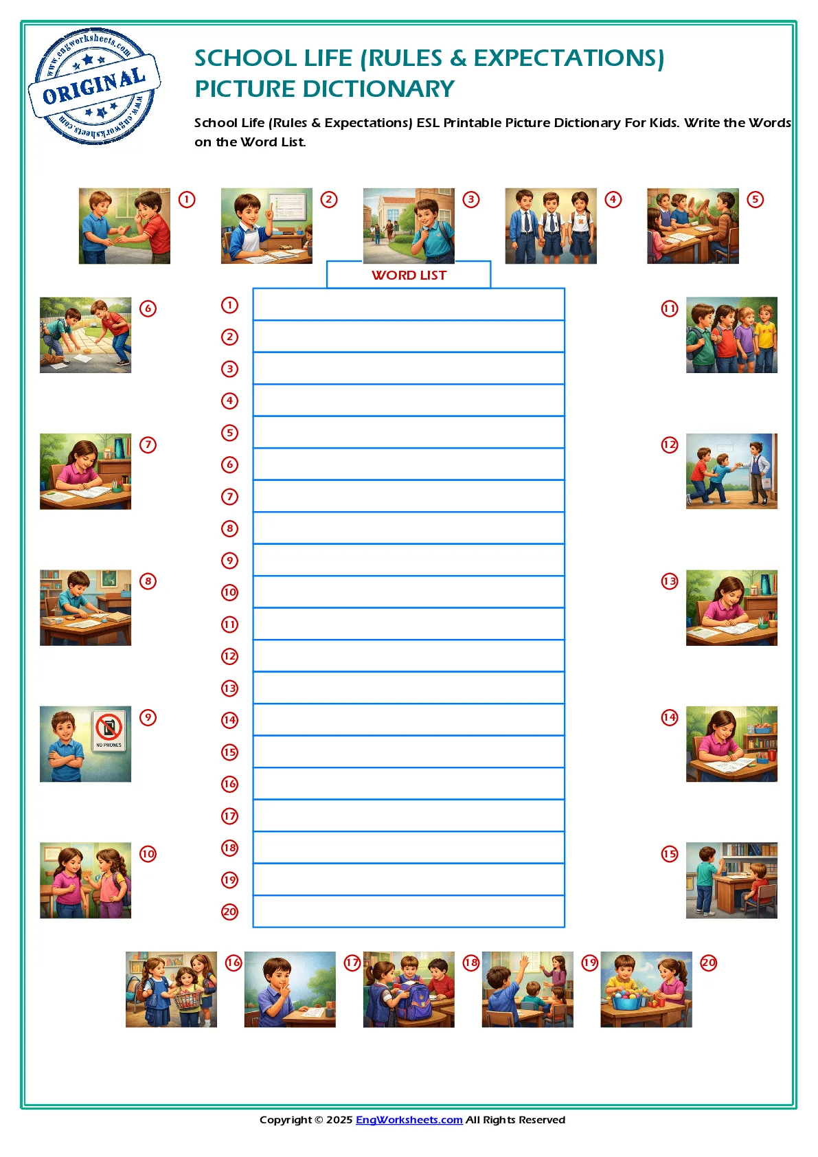 School Life (Rules & Expectations) ESL Printable Picture Dictionary For Kids. Write the Words on the Word List. Worksheet Preview