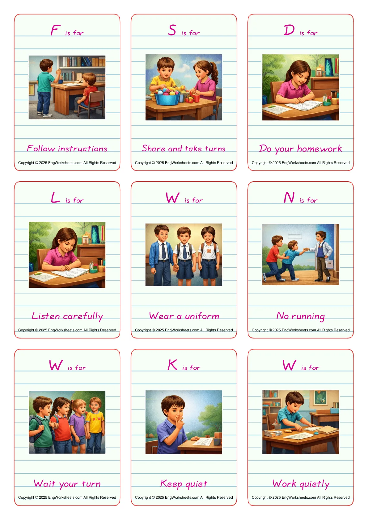 School Life (Rules & Expectations) vocabulary worksheet with words, nine images per page Worksheet Preview