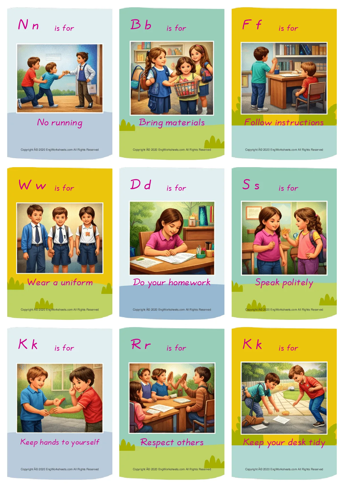 School Life (Rules & Expectations) vocabulary worksheet with words, nine images per page Worksheet Preview