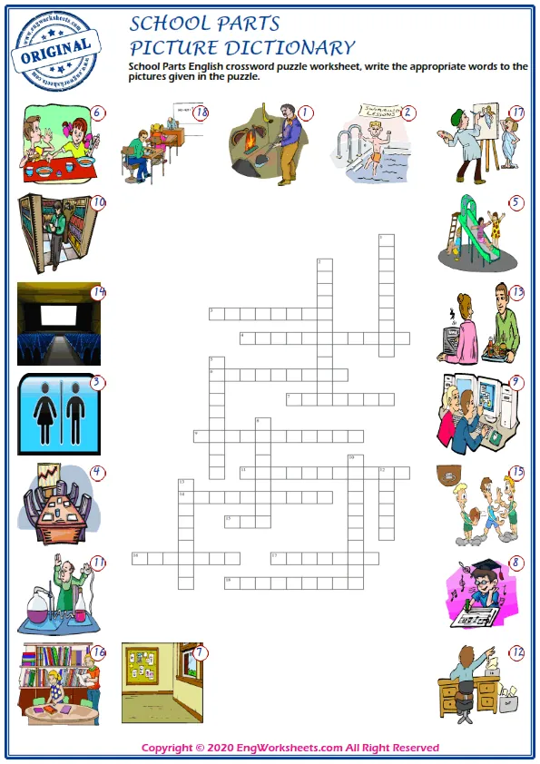 School Parts English crossword puzzle worksheet, write the appropriate words to the pictures given in the puzzle. Worksheet Preview
