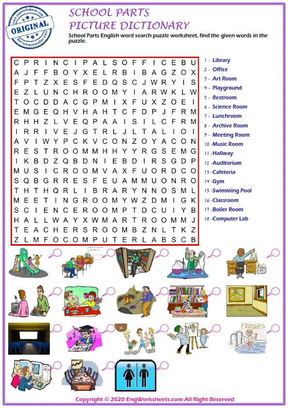 School Parts English word search puzzle worksheet, find the given words in the puzzle. Worksheet Preview