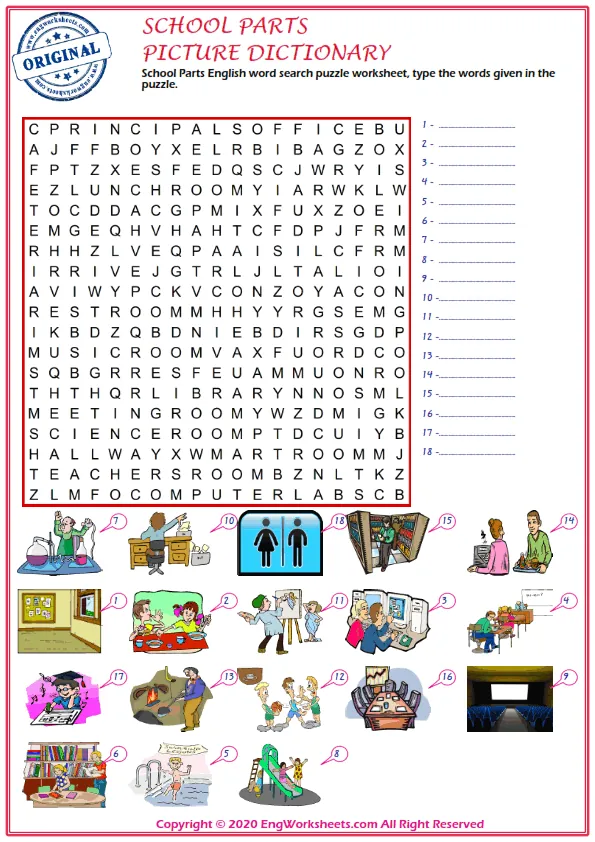 School Parts English word search puzzle worksheet, type the words given in the puzzle. Worksheet Preview