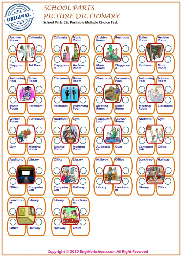 School Parts ESL Printable Multiple Choice Test. Worksheet Preview