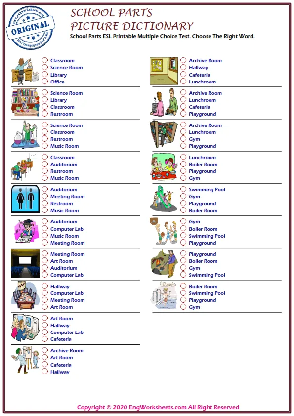 School Parts ESL Printable Multiple Choice Test. Choose The Right Word. Worksheet Preview