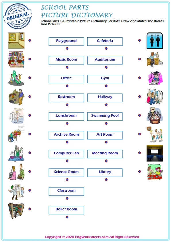 School Parts ESL Printable Picture Dictionary For Kids. Draw And Match The Words And Pictures. Worksheet Preview