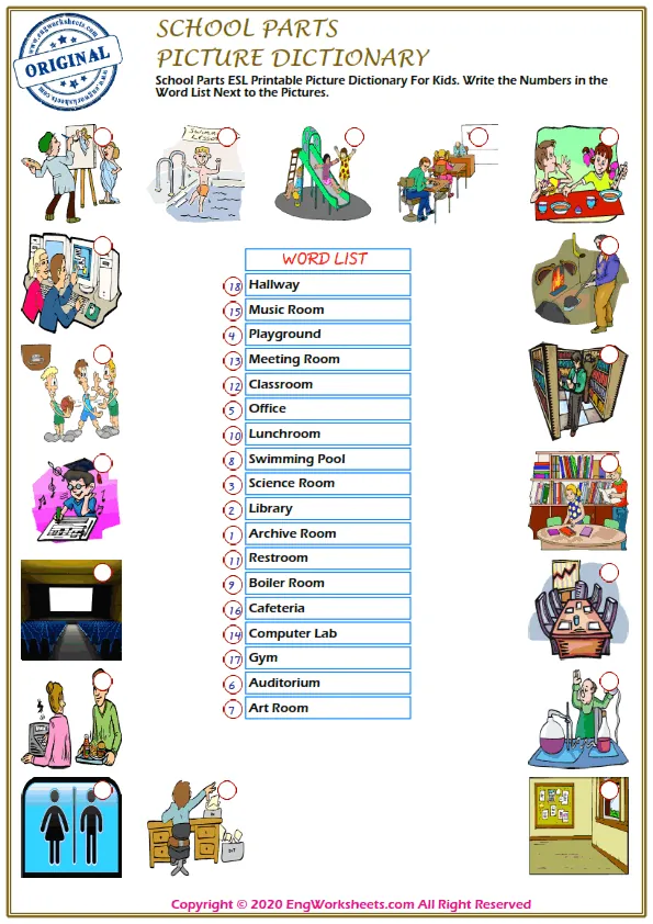 School Parts ESL Printable Picture Dictionary For Kids. Write the Numbers in the Word List Next to the Pictures. Worksheet Preview