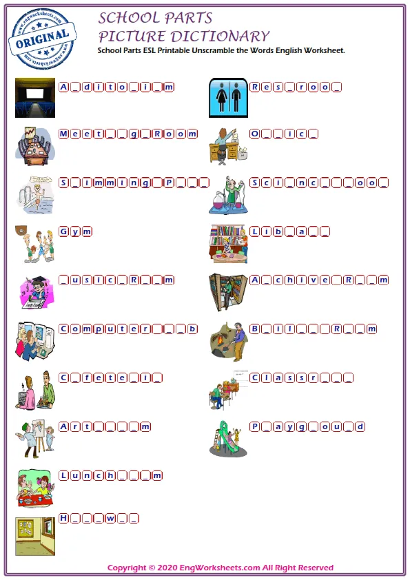 School Parts ESL Printable Unscramble the Words English Worksheet. Worksheet Preview