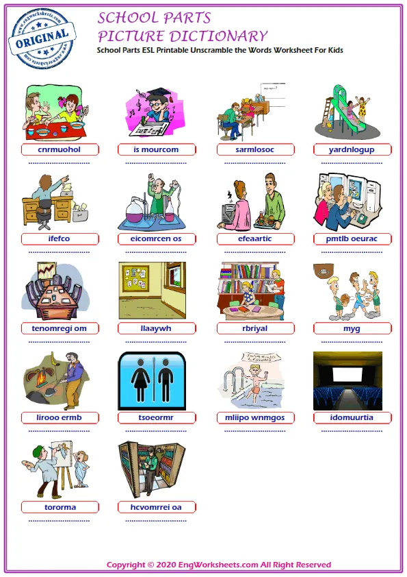 School Parts ESL Printable Unscramble the Words Worksheet For Kids Worksheet Preview