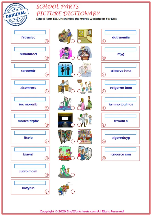 School Parts ESL Unscramble the Words Worksheets For Kids Worksheet Preview