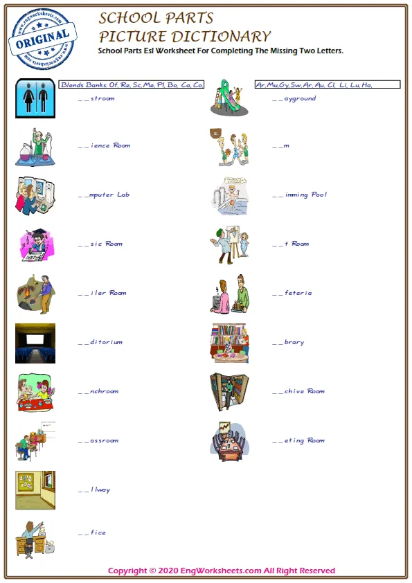 School Parts Esl Worksheet For Completing The Missing Two Letters. Worksheet Preview
