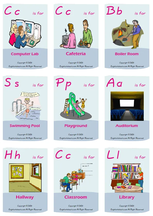 School Parts vocabulary worksheet with words, nine images per page Worksheet Preview