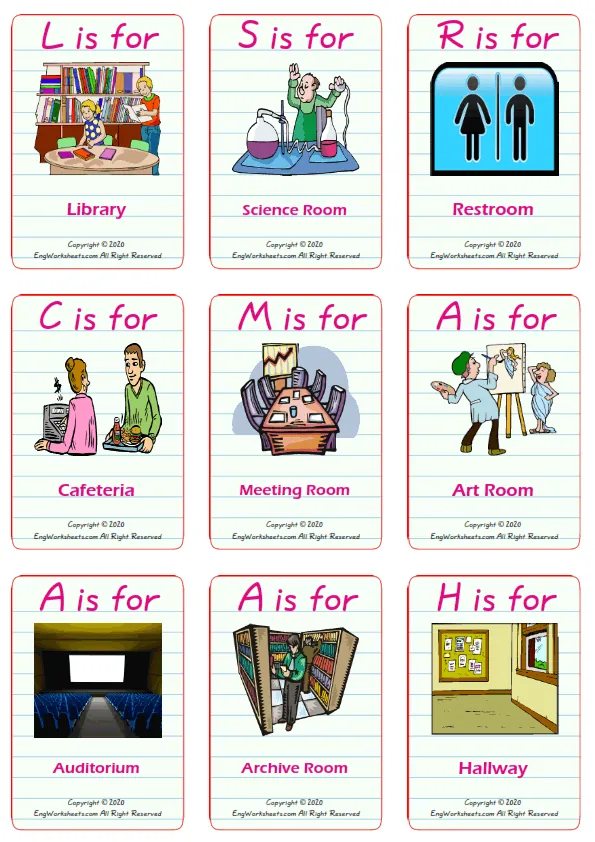 School Parts vocabulary worksheet with words, nine images per page Worksheet Preview