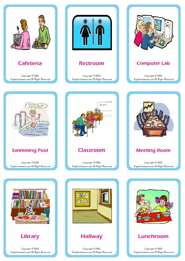 School Parts vocabulary worksheet with words, nine images per page Worksheet Preview