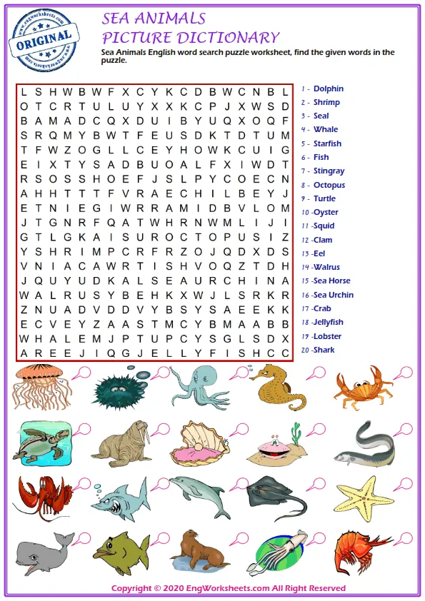 Sea Animals English word search puzzle worksheet, find the given words in the puzzle. Worksheet Preview
