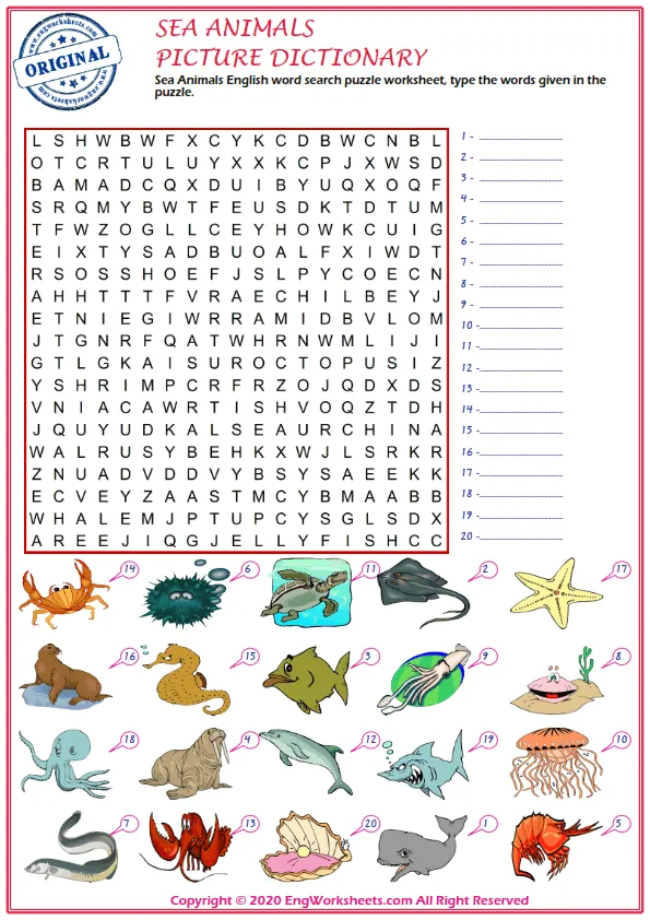 Sea Animals English word search puzzle worksheet, type the words given in the puzzle. Worksheet Preview