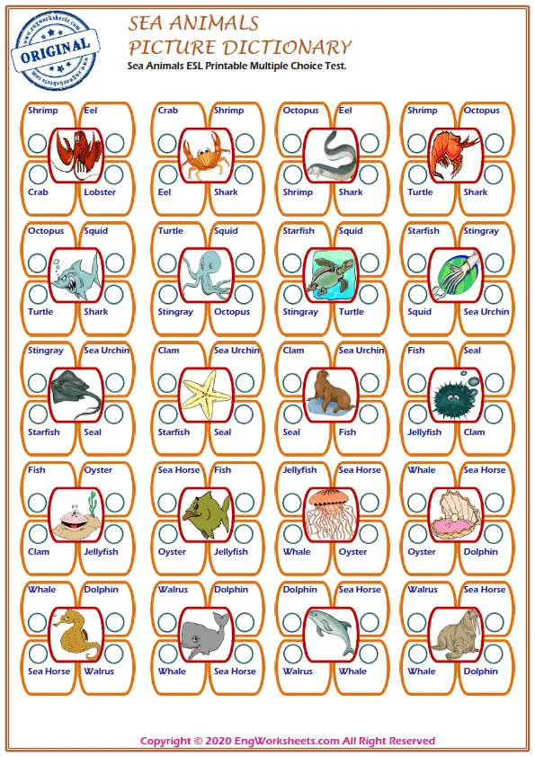 Sea Animals ESL Printable Multiple Choice Test. Worksheet Preview