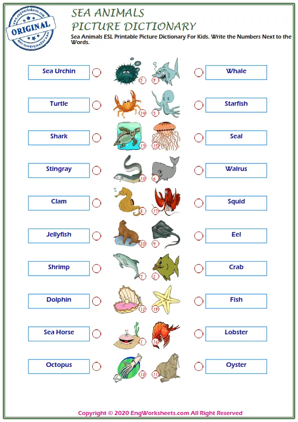 Sea Animals ESL Printable Picture Dictionary For Kids. Write the Numbers Next to the Words. Worksheet Preview