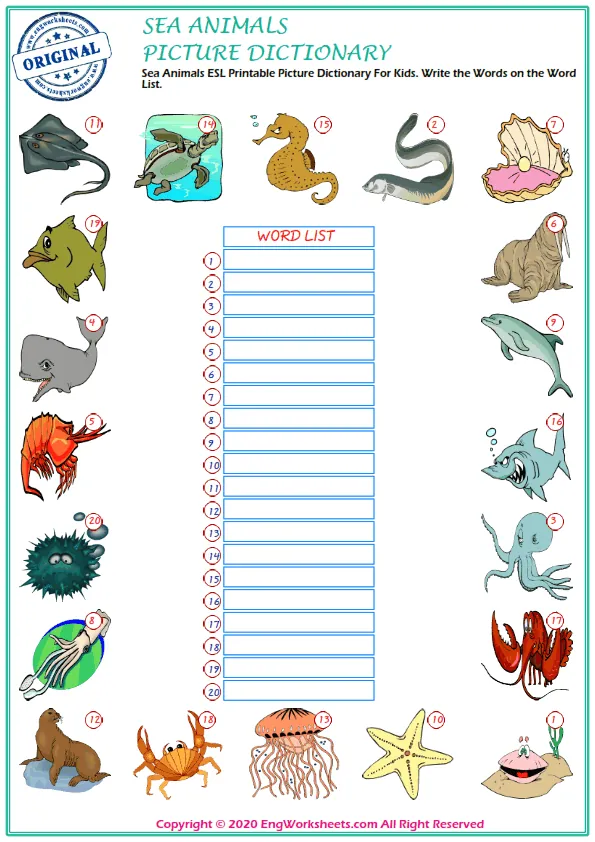 Sea Animals ESL Printable Picture Dictionary For Kids. Write the Words on the Word List. Worksheet Preview