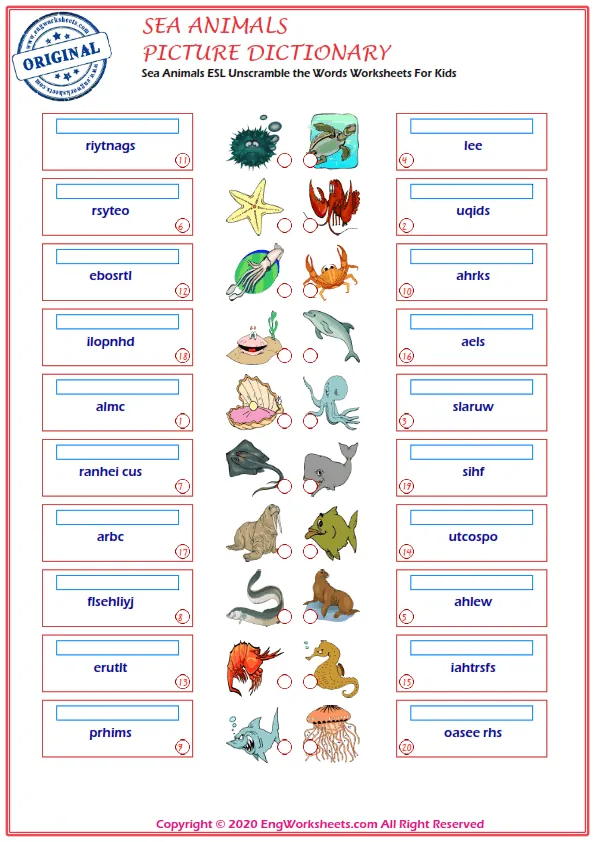Sea Animals ESL Unscramble the Words Worksheets For Kids Worksheet Preview