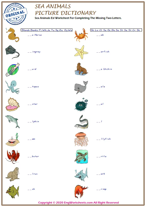 Sea Animals Esl Worksheet For Completing The Missing Two Letters. Worksheet Preview