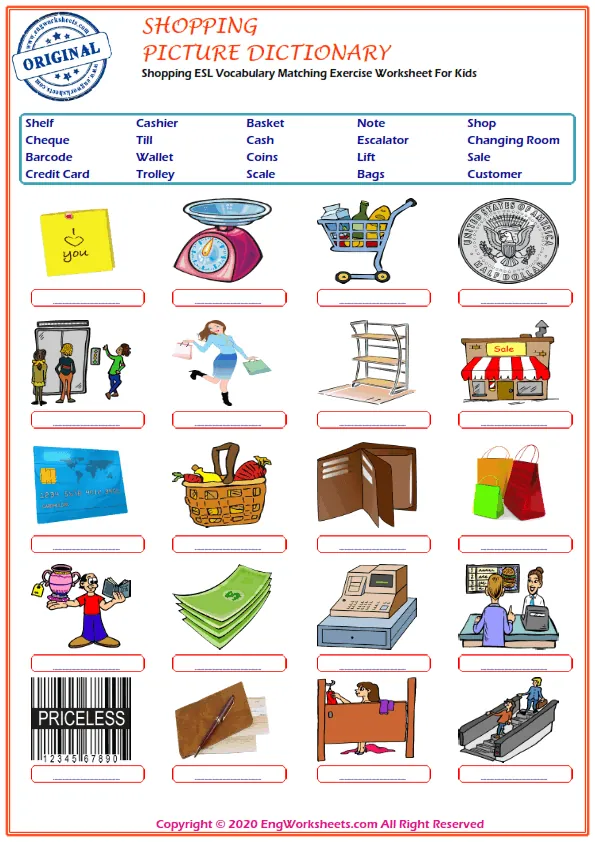Shopping ESL Vocabulary Matching Exercise Worksheet For Kids Worksheet Preview