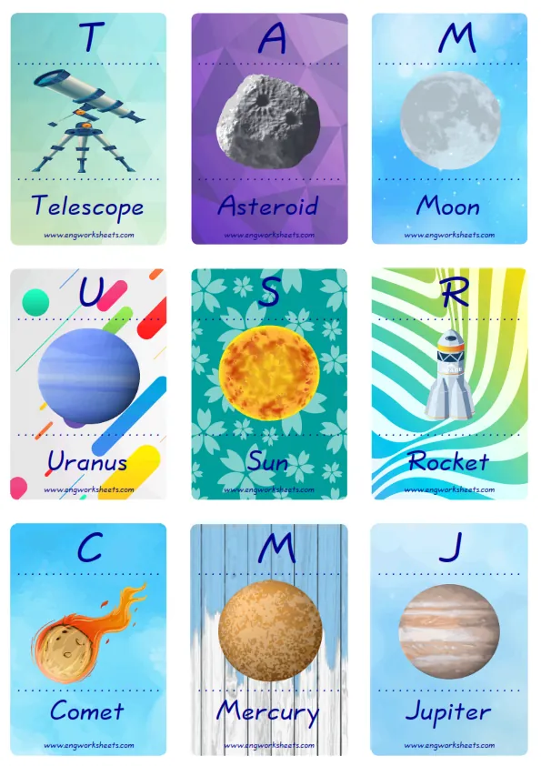 Mini size enjoyable ESL Flashcard Space for kids and teachers.